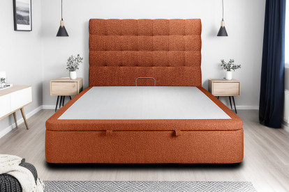Lit coffre 160x200 cm avec Tête de lit capitonnée - Tissu Bouclette Terracotta