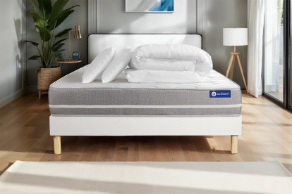 Pack lit complet 140x200 cm - Matelas + Sommier Blanc (en kit) + 2 oreillers + Couette - Actilatex Touch