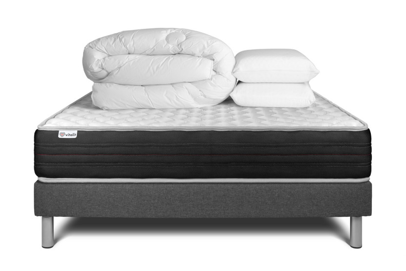 Pack lit complet 180x200 cm - Matelas + Sommier Gris (en kit) + 2 oreillers + Couette - Vitalmemo One