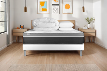Pack lit complet 200x200 cm - Matelas + Sommier Blanc (en kit) + 2 oreillers + Couette - Vital Care