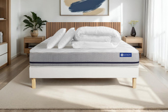 Pack lit complet 140x190 cm - Matelas + Sommier Blanc (en kit) + 2 oreillers + Couette - Actiflex Soft