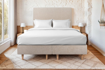 Lit 2x 90x200 cm - Sommier tapissier H35 cm + tête de lit tapissée - Tissu Toile natté Beige Brun