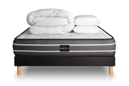 Pack lit complet 180x200 cm - Matelas + Sommier Noir (en kit) + 2 oreillers + Couette - Exclusive