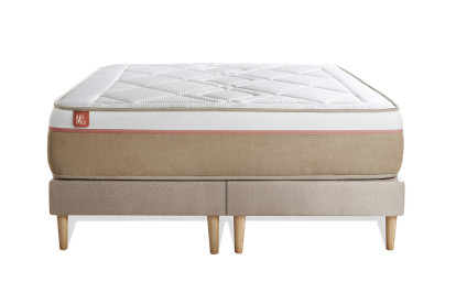 Pack lit complet 200x200 cm - Matelas + 2 Sommiers Beiges + 2 oreillers + Couette - Le Soyeux