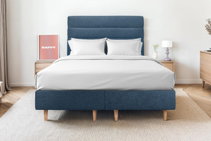 Lit 2x 80x200 cm - Sommier tapissier H35 cm + tête de lit à lignes - Tissu Toile natté Bleu Océan