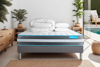 Pack lit complet 140x200 cm - Matelas + Sommier Gris (en kit) + 2 oreillers + Couette - Bodyform Pack lit complet 140x200 cm - Matelas + Sommier Gris (en kit) + 2 oreillers + Couette - Bodyform