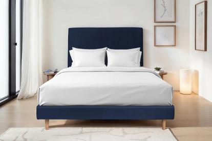 Lit 135x190 cm - Sommier tapissier H29 cm + tête de lit tapissée - Tissu Velours Bleu Océan