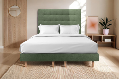 Lit 2x 80x200 cm - Sommier tapissier H29 cm + tête de lit capitonnée - Tissu Toile natté Vert Kaki