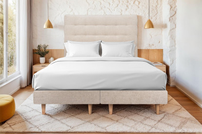 Lit 2x 100x200 cm - Sommier tapissier H29 cm + tête de lit capitonnée - Tissu Toile natté Beige Brun