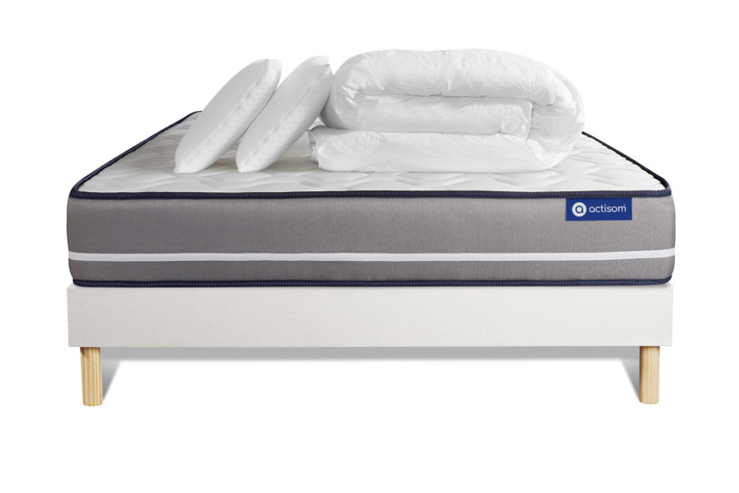 Pack lit complet 140x190 cm - Matelas + Sommier Blanc (en kit) + 2 oreillers + Couette - Actilatex Pur