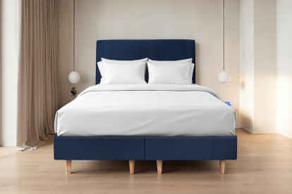 Lit 2x 80x200 cm - Sommier tapissier H35 cm + tête de lit tapissée - Tissu Velours Bleu Océan