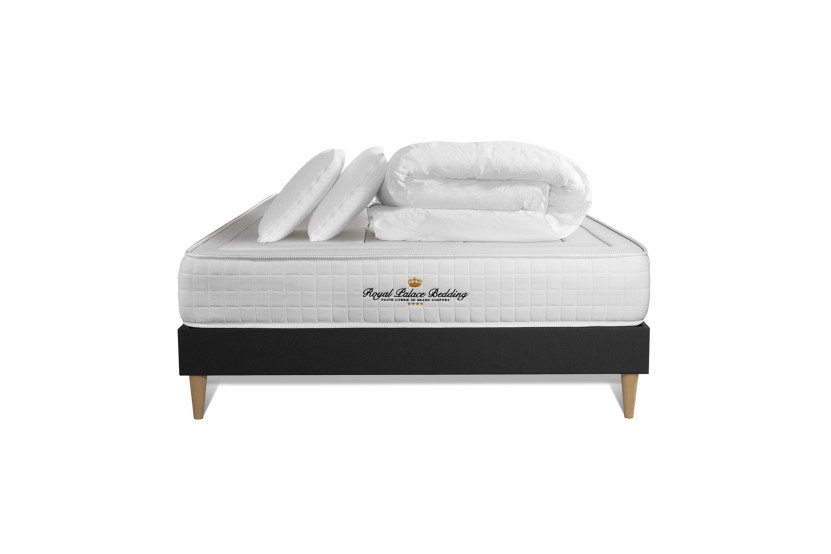 Pack lit complet 140x190 cm - Matelas + Sommier Noir + 2 oreillers + Couette - Balmoral