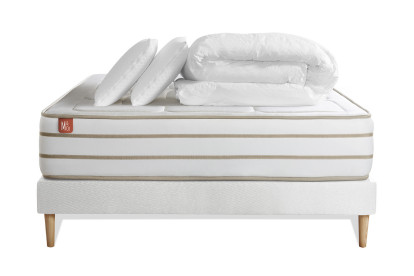 Pack lit complet 140x190 cm - Matelas + Sommier Blanc (en kit) + 2 oreillers + Couette - Le Douillet