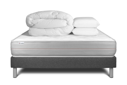 Pack lit complet 180x200 cm - Matelas + Sommier Gris (en kit) + 2 oreillers + Couette - Vitalmemo