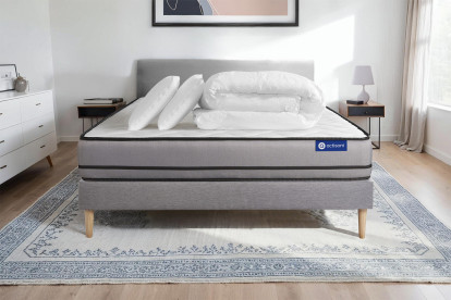 Pack lit complet 140x200 cm - Matelas + Sommier Gris (en kit) + 2 oreillers + Couette - Actimemo Night