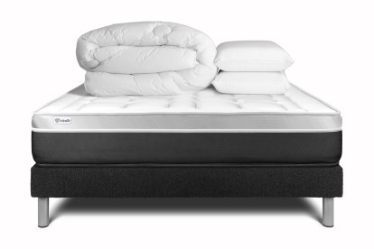 Pack lit complet 140x200 cm - Matelas + Sommier Noir (en kit) + 2 oreillers + Couette - Vital Soft