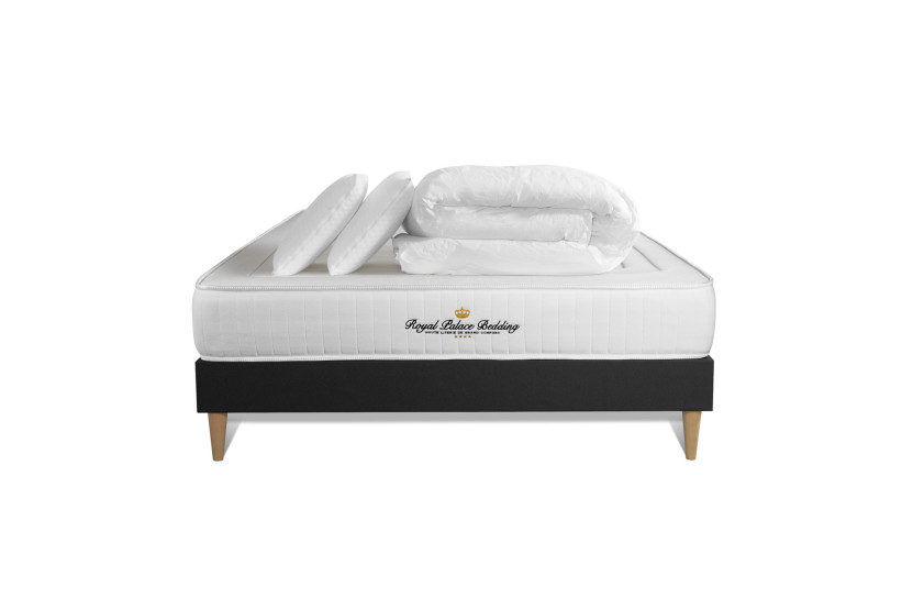 Pack lit complet 160x200 cm - Matelas + Sommier Noir + 2 oreillers + Couette - Nottingham