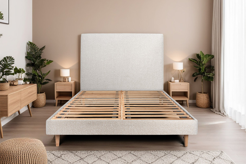 Lit 150x190 cm avec Tête de lit tapissée - Tissu Bouclette