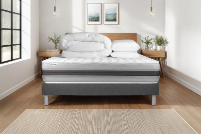 Pack lit complet 160x200 cm - Matelas + Sommier Gris (en kit) + 2 oreillers + Couette - Vitalspring Recover