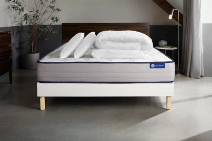 Pack lit complet 160x200 cm - Matelas + Sommier Blanc (en kit) + 2 oreillers + Couette - Actiflex Form
