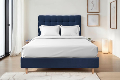 Lit 135x190 cm - Sommier tapissier H35 cm + tête de lit capitonnée - Tissu Velours Bleu Océan
