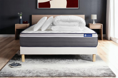 Pack lit complet 140x190 cm - Matelas + Sommier Blanc (en kit) + 2 oreillers + Couette - Actilatex Plus