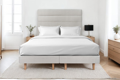 Lit 2x 80x200 cm - Sommier tapissier H29 cm + tête de lit à lignes - Tissu Velours Gris Clair