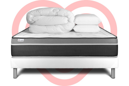 Pack lit complet 180x200 cm - Matelas + Sommier Blanc (en kit) + 2 oreillers + Couette - Vital Care