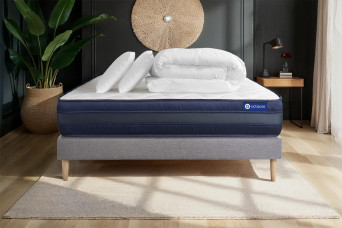 Pack lit complet 160x200 cm - Matelas + Sommier Gris (en kit) + 2 oreillers + Couette - Actimemo Tech