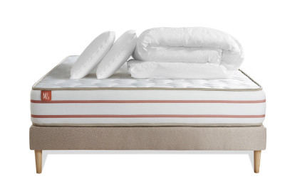 Pack lit complet 140x190 cm - Matelas + Sommier Beige + 2 oreillers + Couette - Le Doux