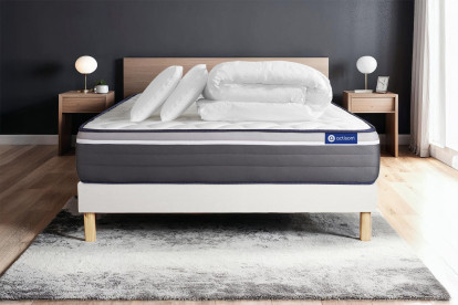 Pack lit complet 200x200 cm - Matelas + Sommier Blanc (en kit) + 2 oreillers + Couette - Actiflex Plus