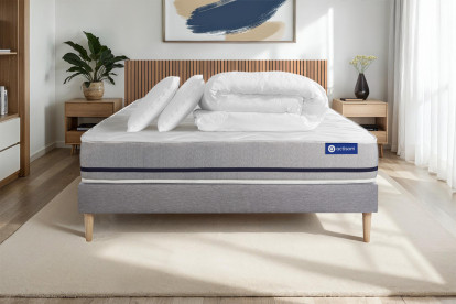 Pack lit complet 200x200 cm - Matelas + Sommier Gris (en kit) + 2 oreillers + Couette - Actiflex Soft