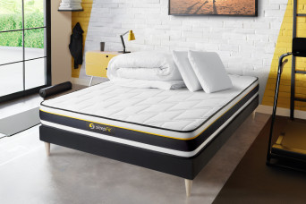 Pack lit complet 160x200 cm - Matelas + Sommier Noir (en kit) + 2 oreillers + Couette - Soft Pack lit complet 160x200 cm - Matelas + Sommier Noir (en kit) + 2 oreillers + Couette - Soft
