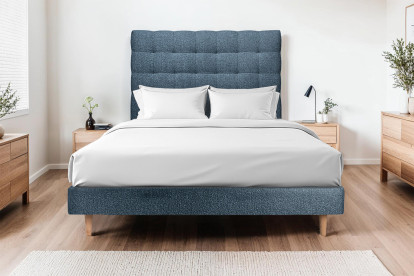 Lit 160x200 cm - Sommier tapissier H29 cm + tête de lit capitonnée - Tissu Bouclette Bleu