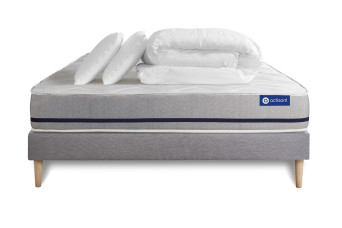 Pack lit complet 200x200 cm - Matelas + Sommier Gris (en kit) + 2 oreillers + Couette - Actilatex Soft