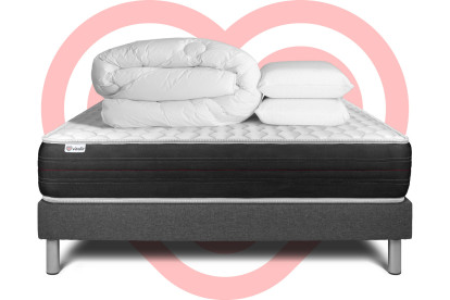 Pack lit complet 160x200 cm - Matelas + Sommier Gris (en kit) + 2 oreillers + Couette - Vitalspring