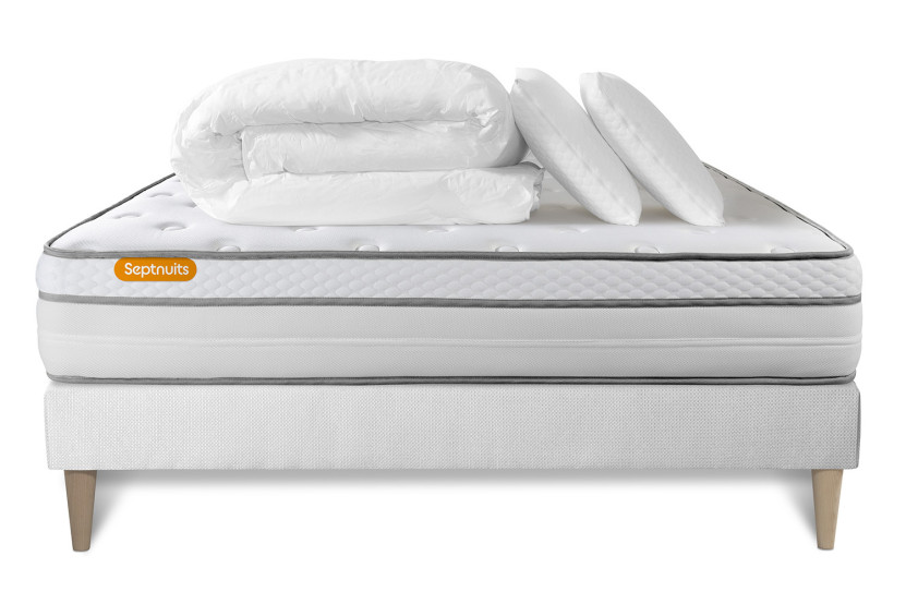 Pack lit complet 140x190 cm - Matelas + Sommier Blanc (en kit) + 2 oreillers + Couette - Memo Luxe