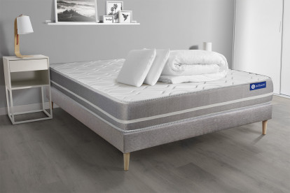 Pack lit complet 180x200 cm - Matelas + Sommier Gris (en kit) + 2 oreillers + Couette - Actimemo Touch