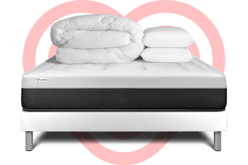 Pack lit complet 200x200 cm - Matelas + Sommier Blanc (en kit) + 2 oreillers + Couette - Vital Form