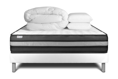 Pack lit complet 140x190 cm - Matelas + Sommier Blanc (en kit) + 2 oreillers + Couette - Vital Power Zen
