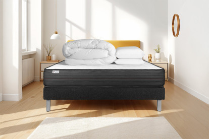 Pack lit complet 140x190 cm - Matelas + Sommier Noir (en kit) + 2 oreillers + Couette - Vitalpower