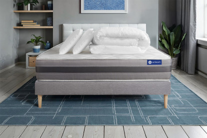 Pack lit complet 180x200 cm - Matelas + Sommier Gris (en kit) + 2 oreillers + Couette - Actimemo Relax