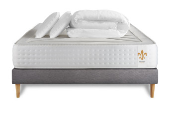 Pack lit complet 140x190 cm - Matelas + Sommier Gris (en kit) + 2 oreillers + Couette - Vingt-Quatre