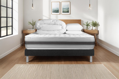 Pack lit complet 140x200 cm - Matelas + Sommier Noir (en kit) + 2 oreillers + Couette - Vitalspring Recover