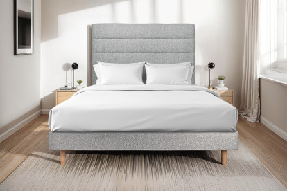 Lit 150x200 cm - Sommier à lattes H29 cm + tête de lit à lignes - Tissu Bouclette Gris