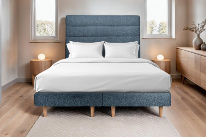 Lit 2x 90x200 cm - Sommier tapissier H29 cm + tête de lit à lignes - Tissu Bouclette Bleu