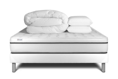 Pack lit complet 140x190 cm - Matelas + Sommier Blanc (en kit) + 2 oreillers + Couette - Vital Spa