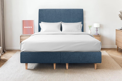 Lit 2x 80x200 cm - Sommier tapissier H35 cm + tête de lit tapissée - Tissu Toile natté Bleu Océan