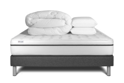 Pack lit complet 140x200 cm - Matelas + Sommier Gris (en kit) + 2 oreillers + Couette - Vital Spa
