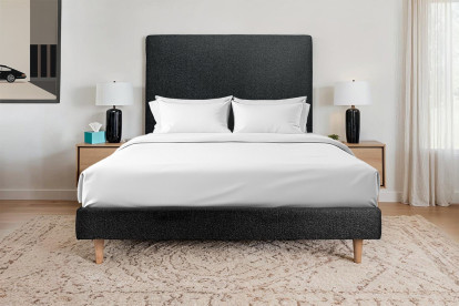 Lit 2x 100x200 cm - Sommier tapissier H29 cm + tête de lit tapissée - Tissu Bouclette Noir